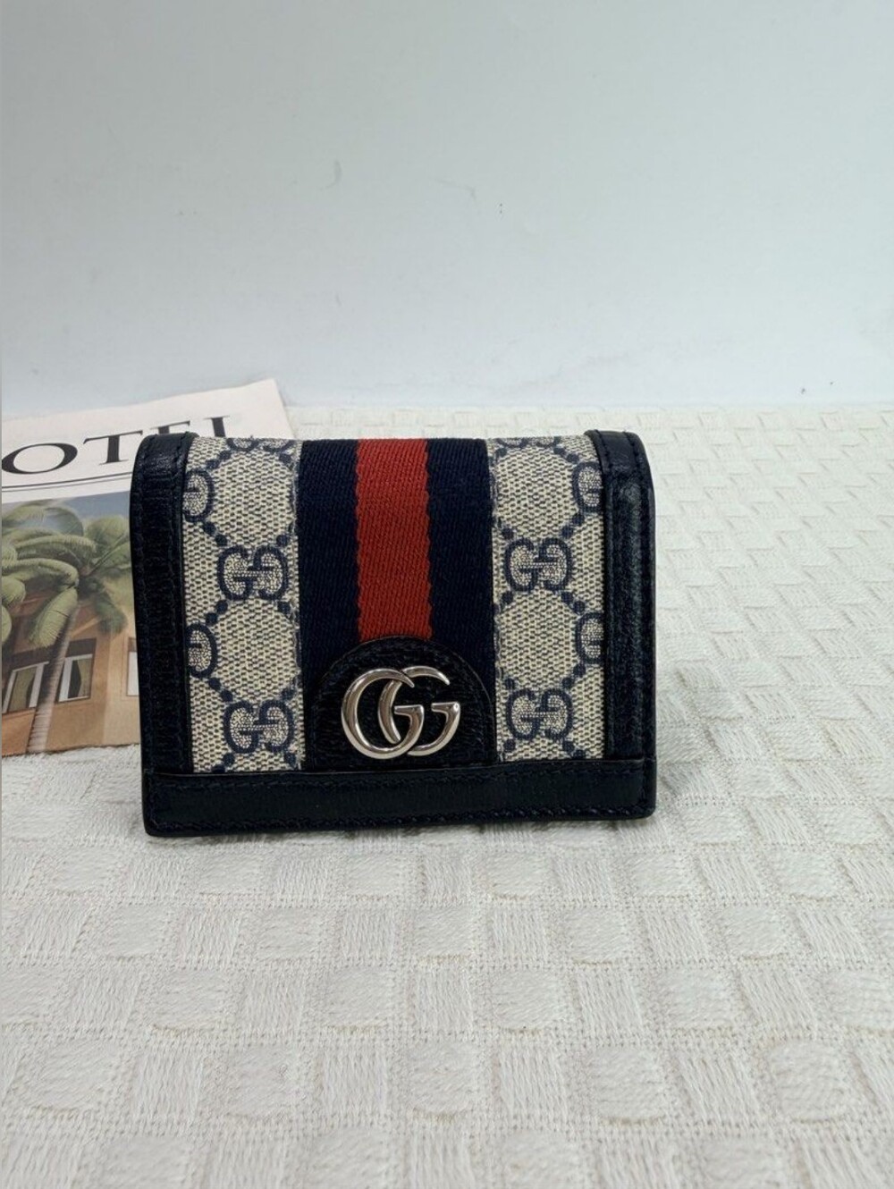 Gucci Beige GG Canvas Wallet with Navy & Red Web